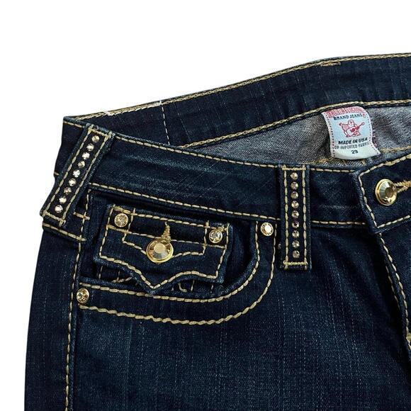 True Religion Y2K Swarovski Crystal Dark Wash Flare Disco Joey Big T Jeans - Picture 2 of 8